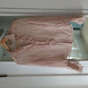 Vintage Y2K Juicy Couture Silk Stripe Ruffle Long Sleeve Sheer Blouse Pink Cream